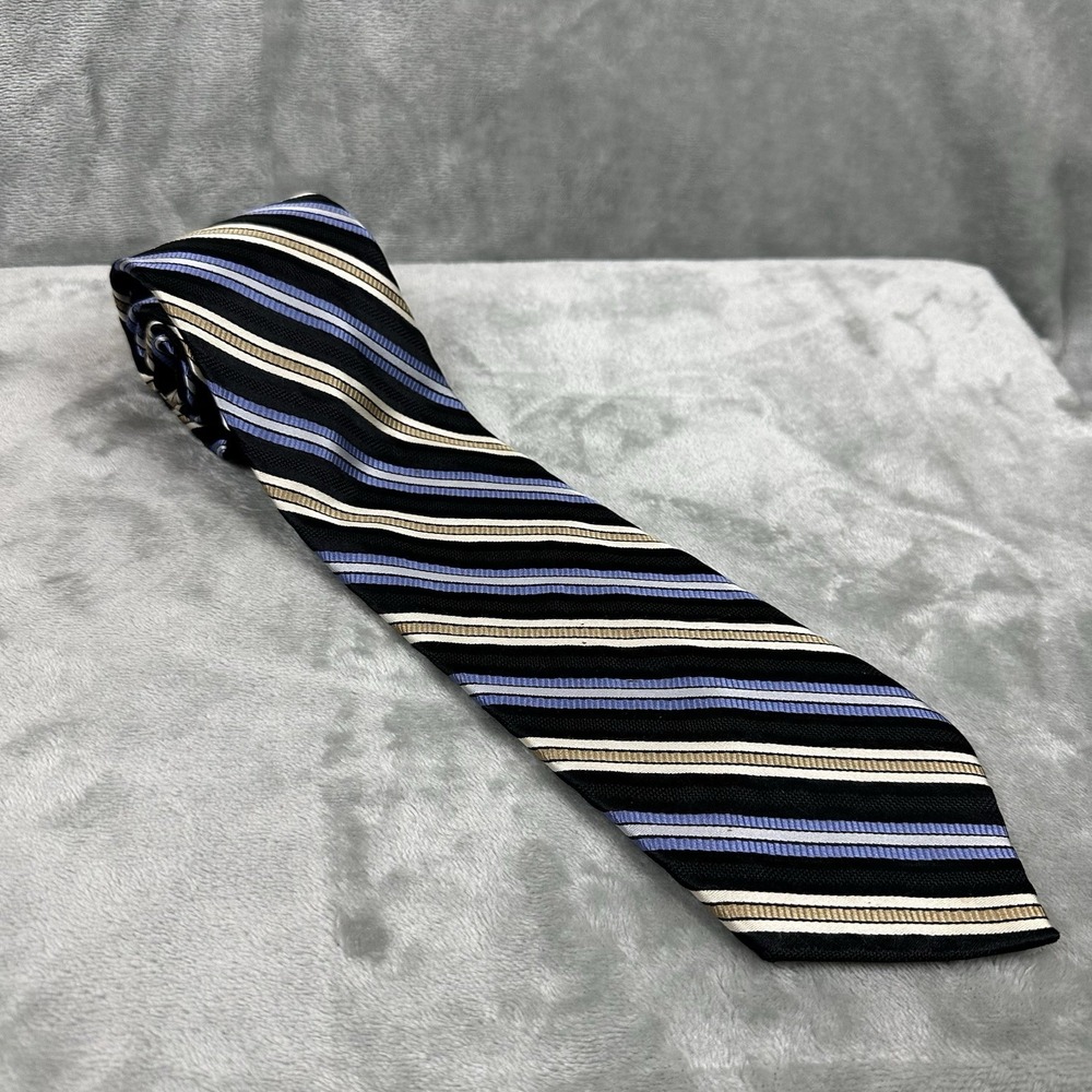 Van Heusen 100% Silk Neck Tie 3.75" x 60" Black Blue Tan Horizontal Stripe
